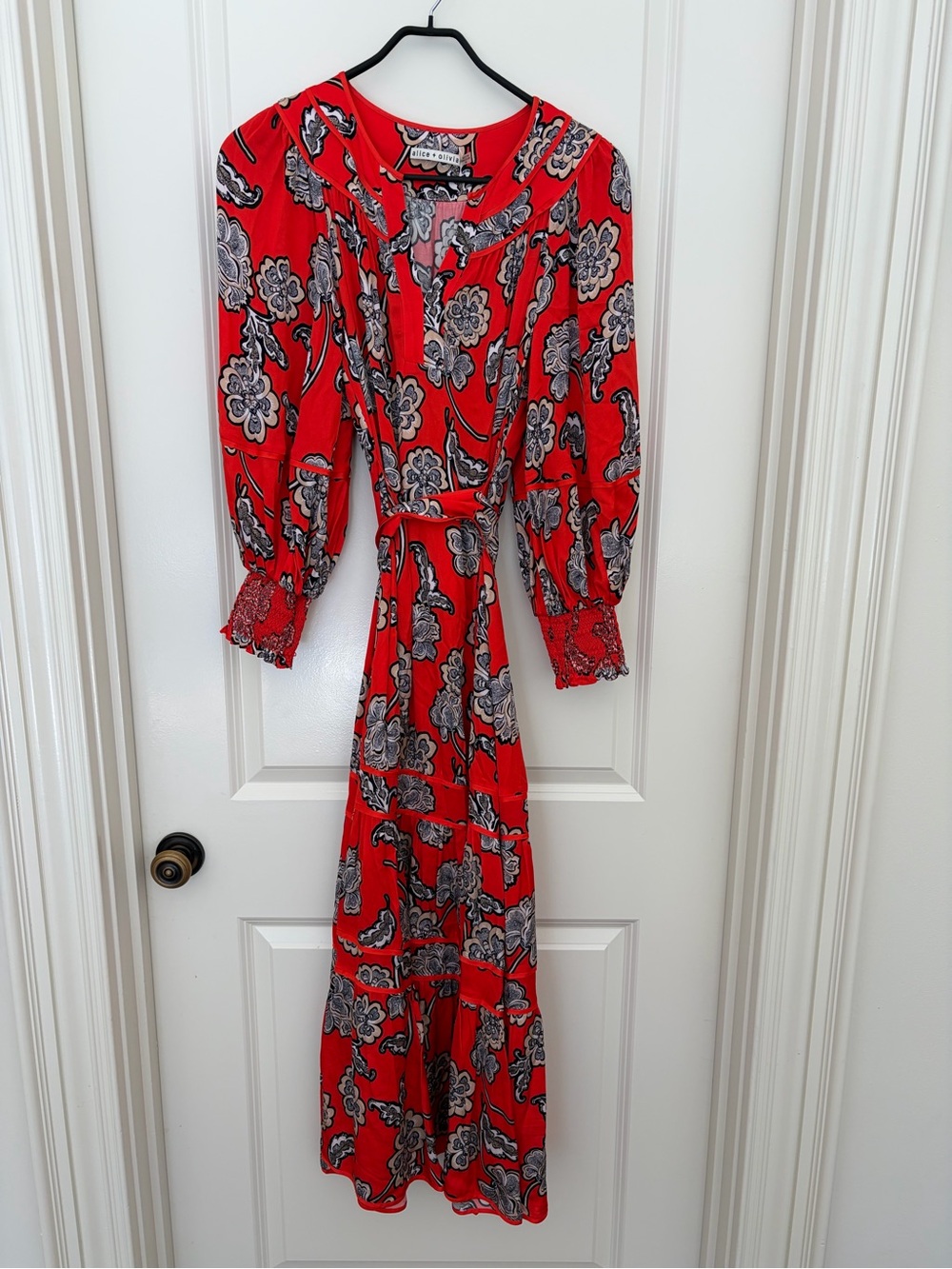 Alice + Olivia Red Floral Print Maxi Dress with Tie Waist